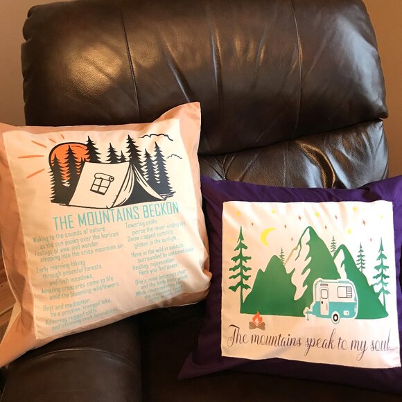Mountain Camping Pillow Cover, 18x18: Handmade Vintage Camper Teal Purple Decor - Picture 8 of 10